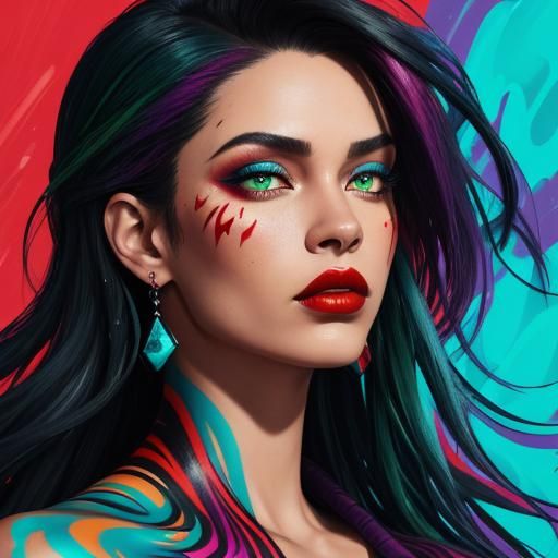 Vibrant Street Art Portrait of Woman with Black Hair