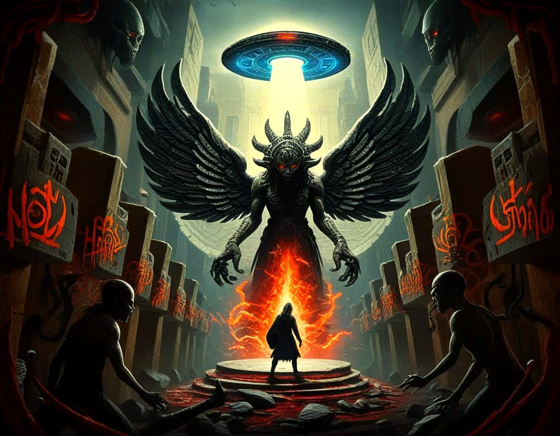 Surreal Aztec Horror Scene in Dark Sci-Fi Style