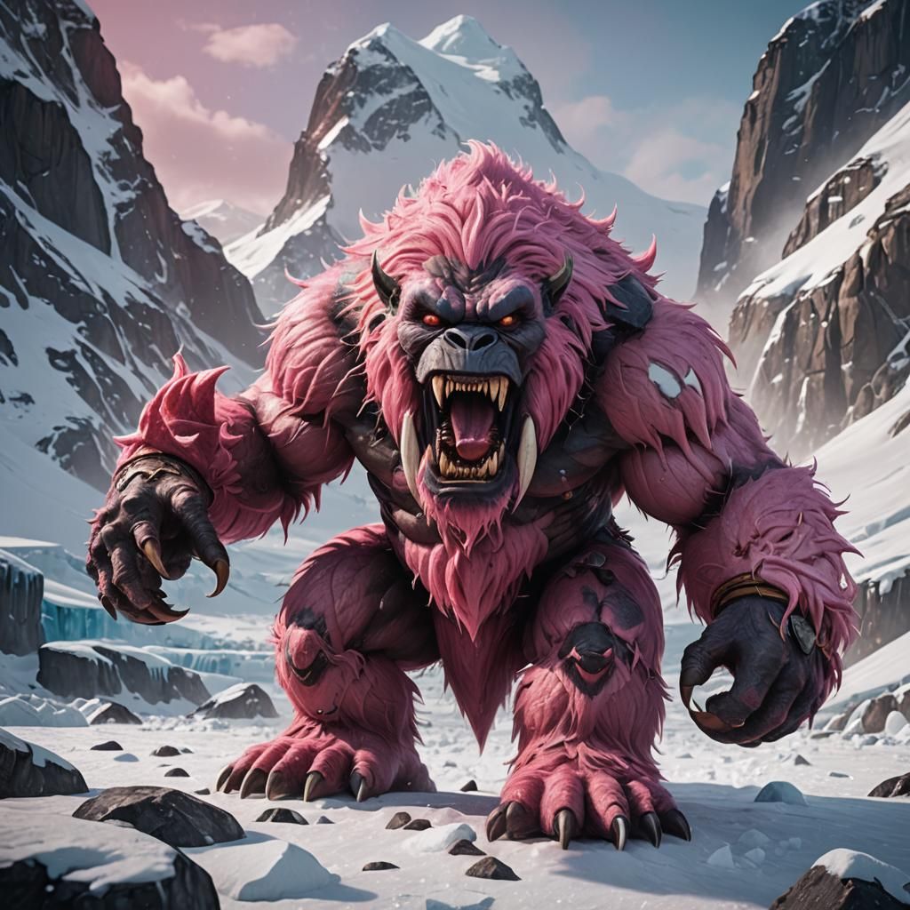 Pink Yeti Creature in Antarctic Landscape