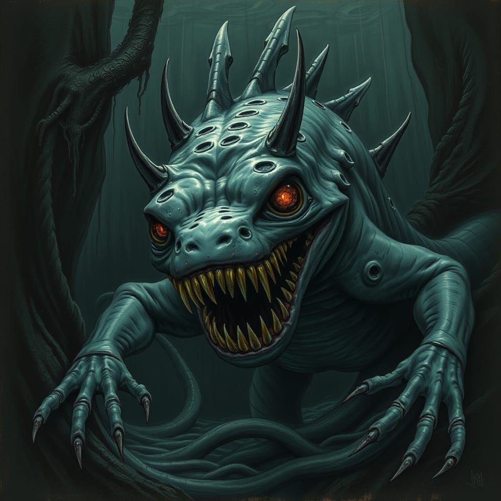 Undead Axolotl in Dark Underwater Scene