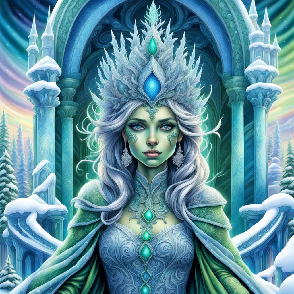 Beautiful Snow Queen on Ice Palace Steps