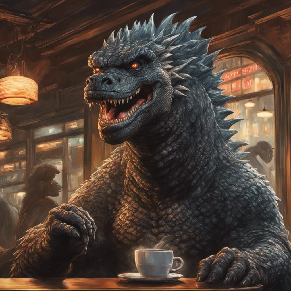 Godzilla's Coffee Break: Hyperdetailed Artstation Portrait