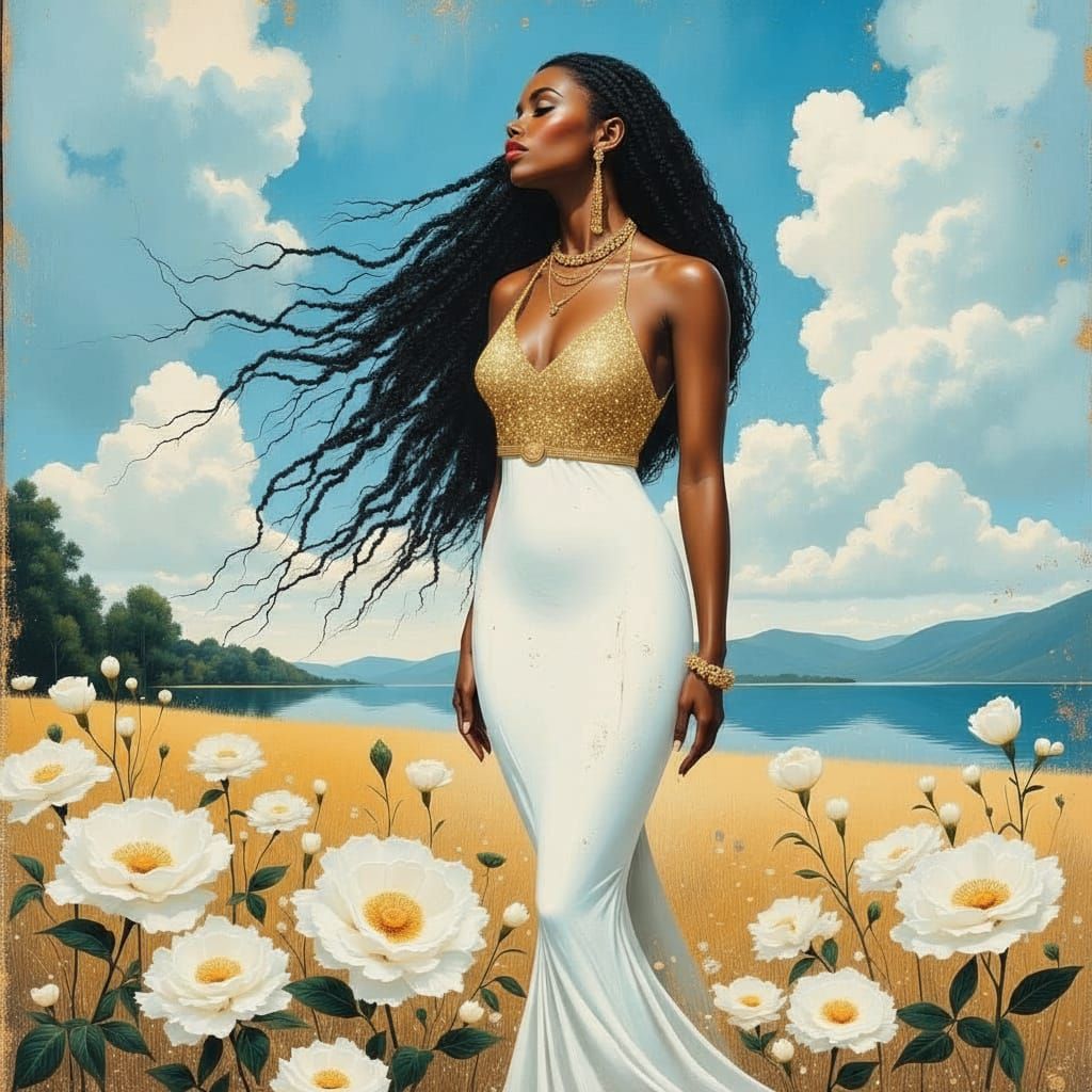 African Goddess in White Gown Amidst White Roses