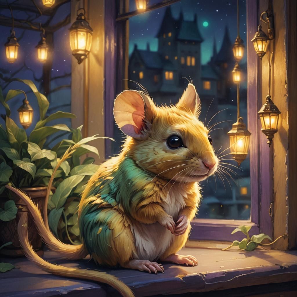 Whimsical Rodent with Glowing Eyes, Fantasy Illustration