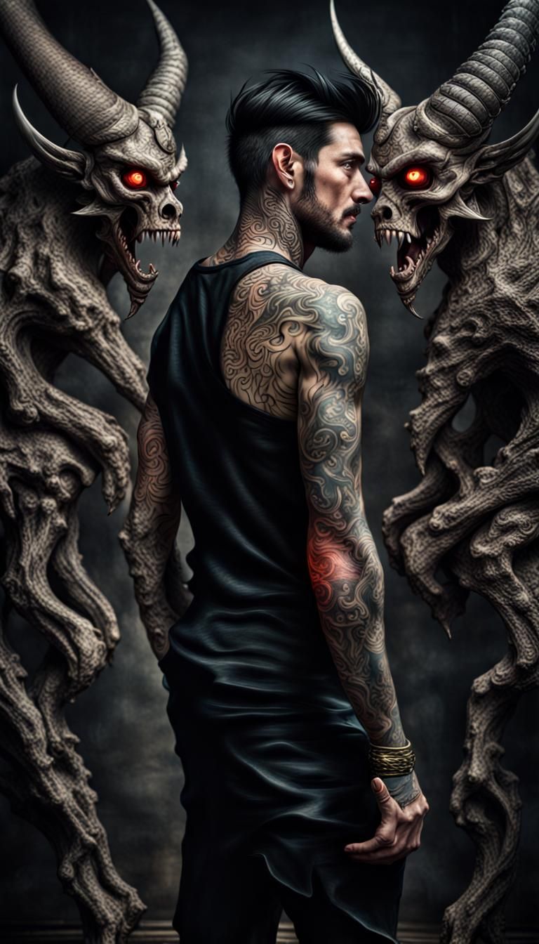tall, tattooed, black-haired man with remarkable demons that sensed who you were intricate details, HDR, beautifully sho...