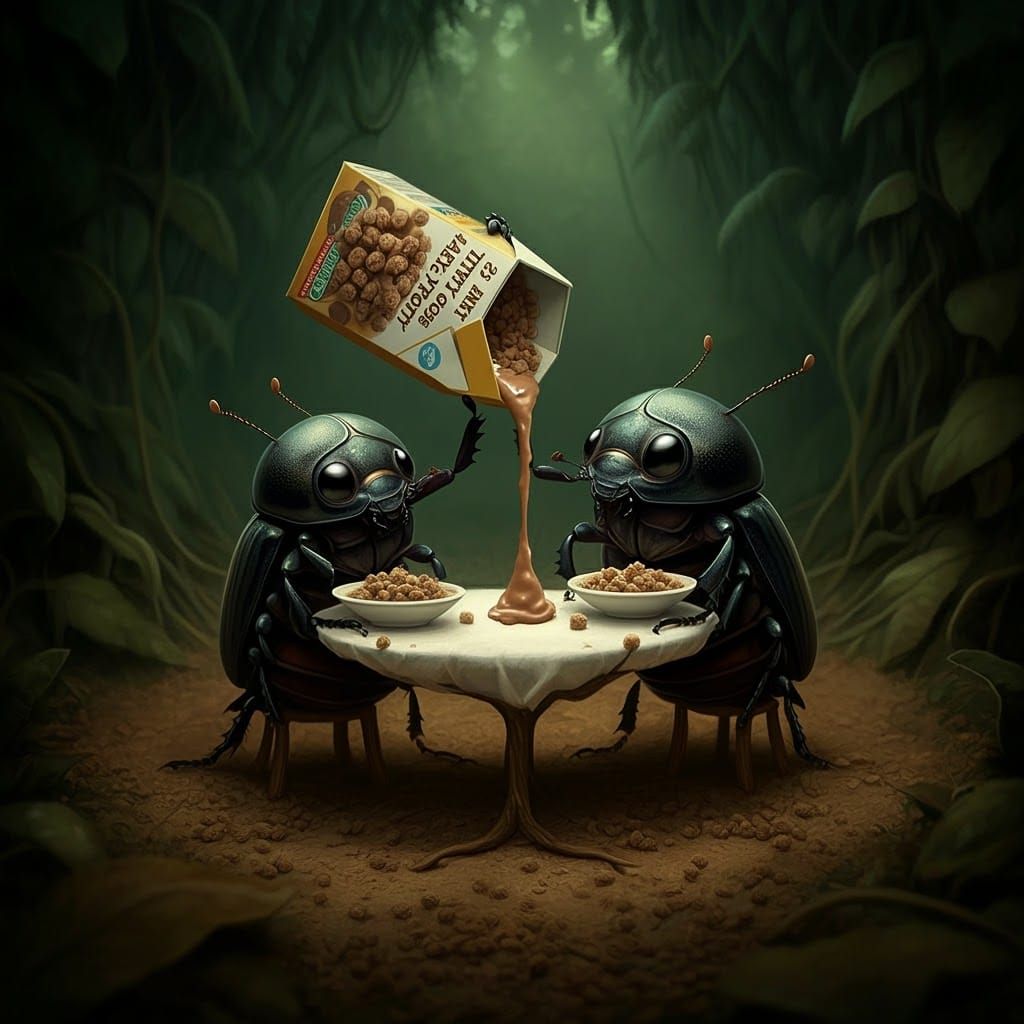 Dung Beetle Breakfast: Darkly Comedic Scene in Expressive St...