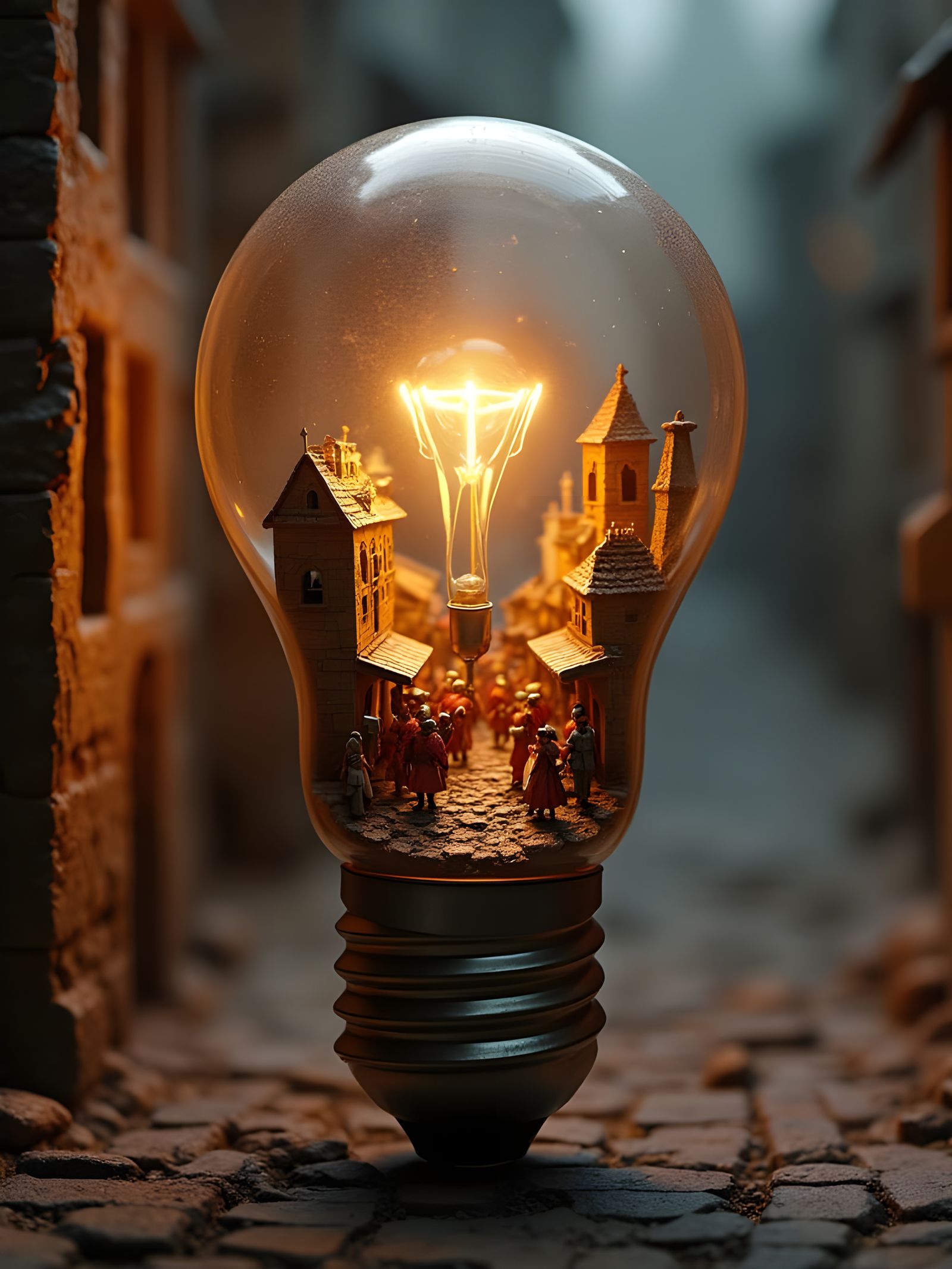 Medieval Street Scene Inside a Light Bulb