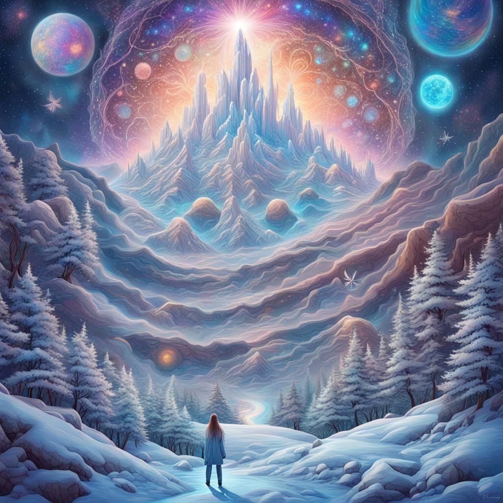 Cosmic Winter Wonderland Illustration in Mixed Media