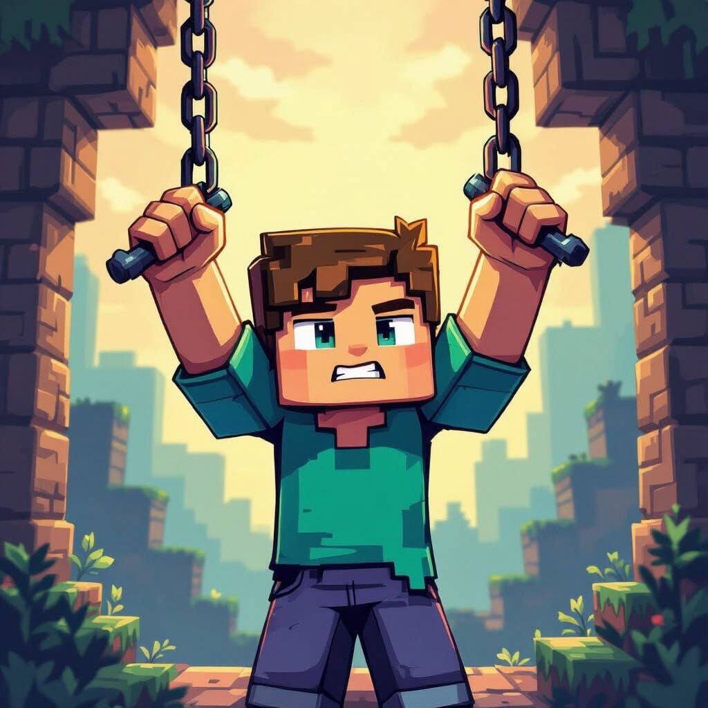 Pixel Art Minecraft Character Hanging by Chains