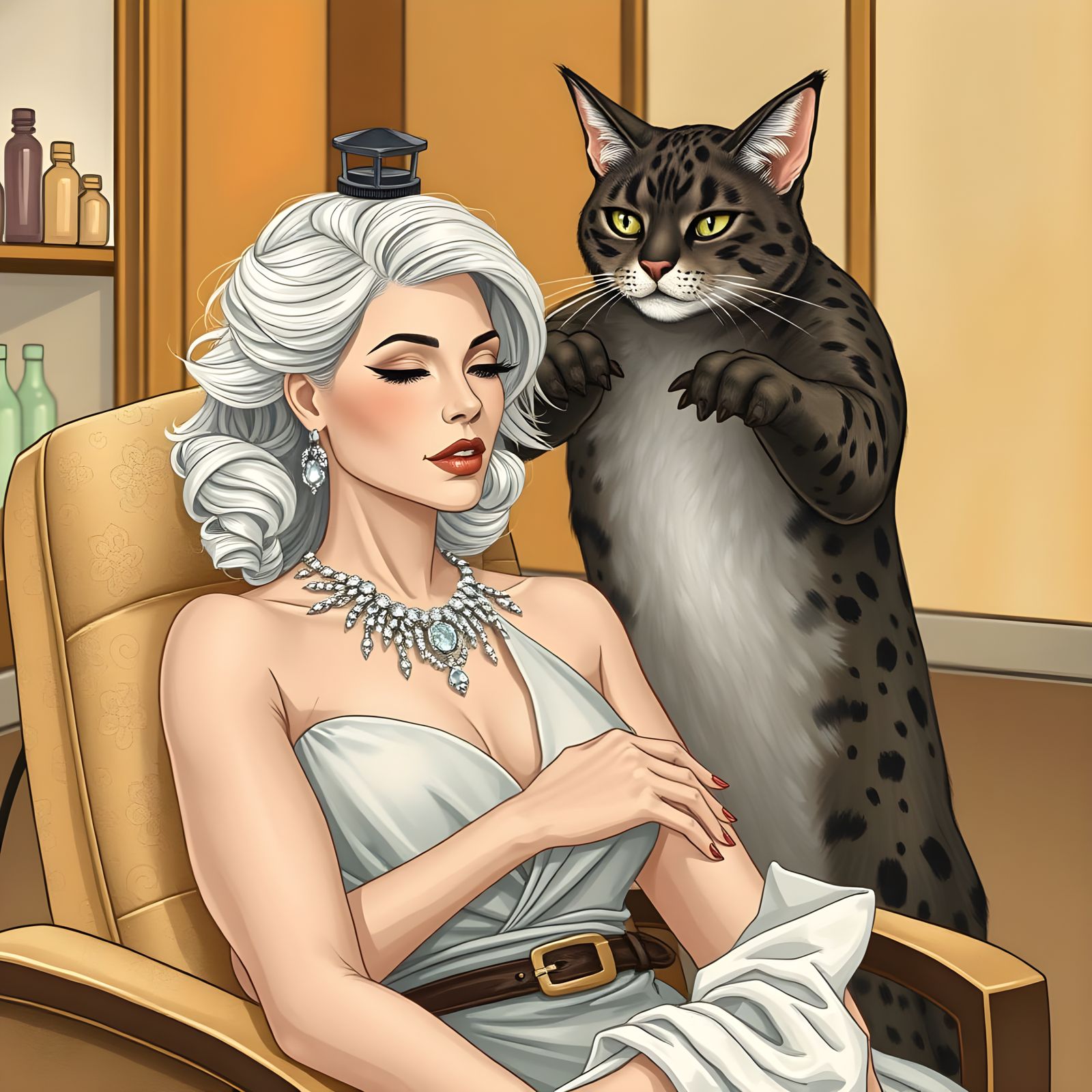 Whimsical Feline Hairdresser in Action