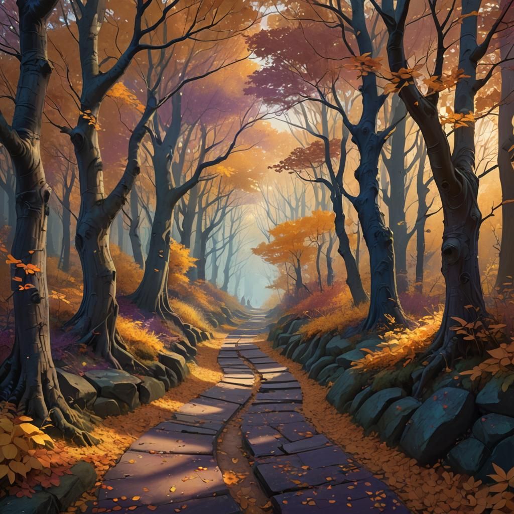 Fantasy Autumn Forest Pathway in Matte Painting Style