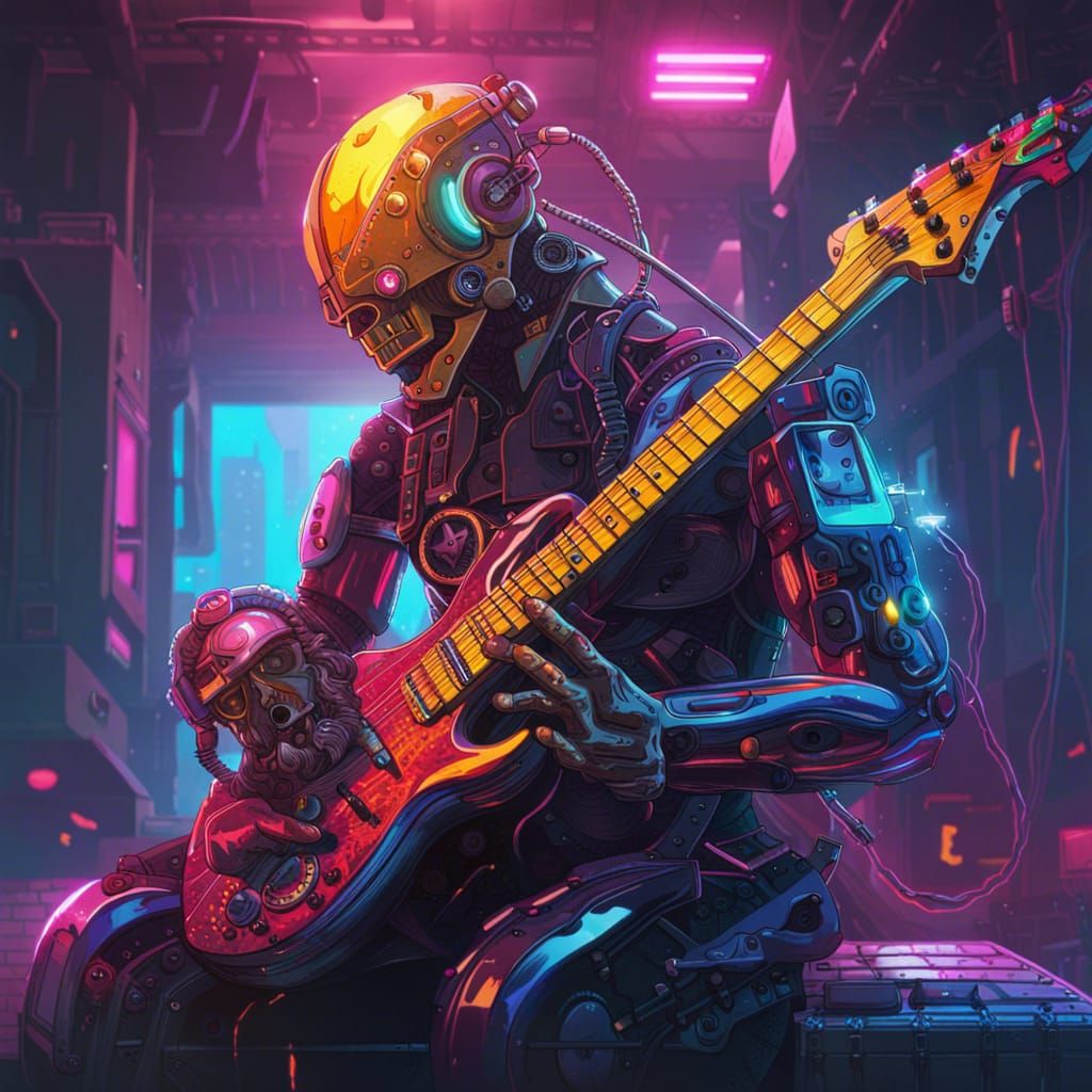 Cyborg Plays Electric Guitar in Vibrant Digital Art