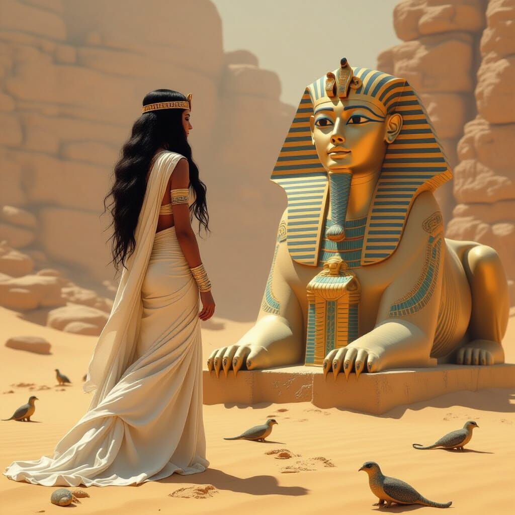 Surreal Egyptian Figure Crawling Towards Weeping Sphinx