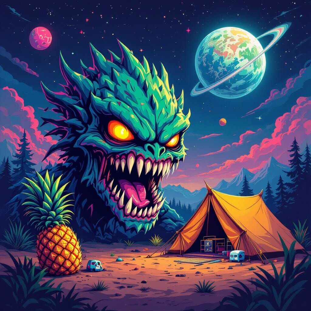 Alien Head Logo with Festival Elements in Vibrant Digital Ar...