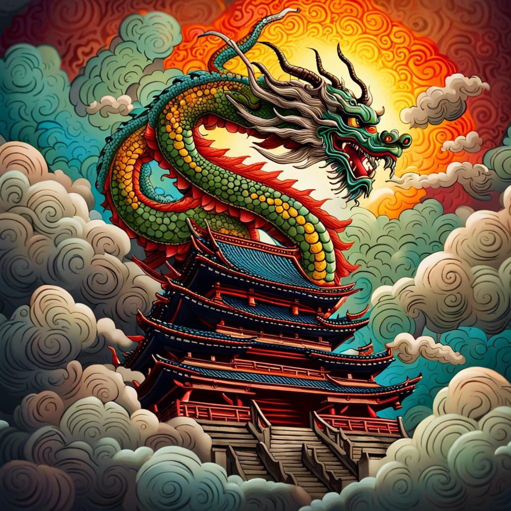 Dramatic Rain Dragon Over Samurai Temple Art