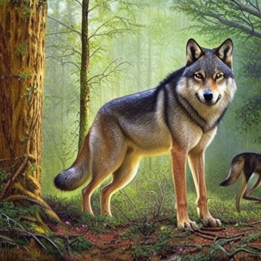 Woman with Wolves in Forest, Photorealistic Oil Painting