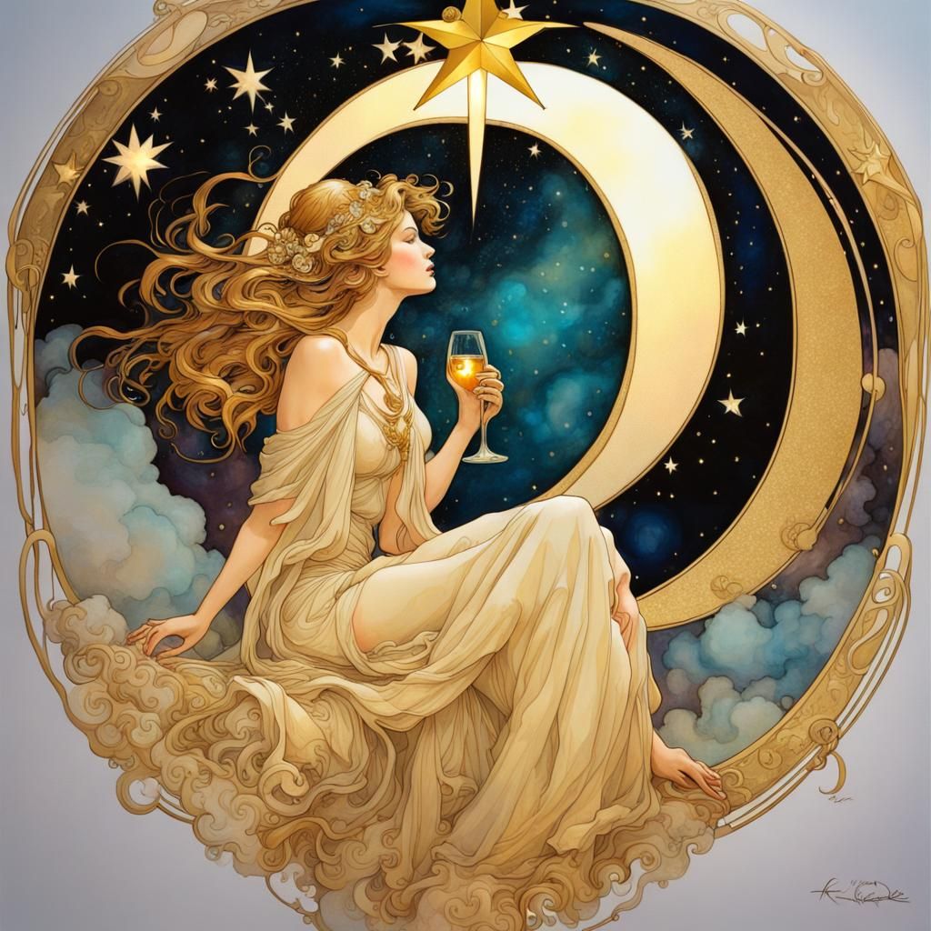 Art Nouveau Woman on Moon Beam in Alcohol Ink
