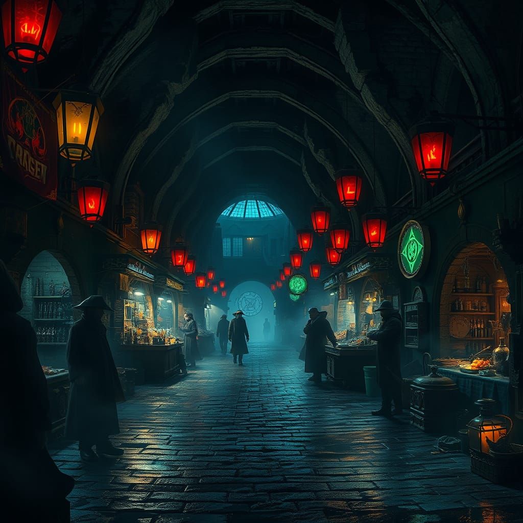 Dark Fantasy Black Market Beneath Decaying Port Town