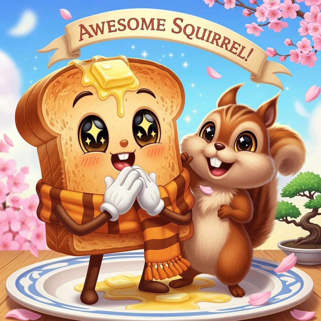 Adorable Toast Character Meets Squirrel in Whimsical Art
