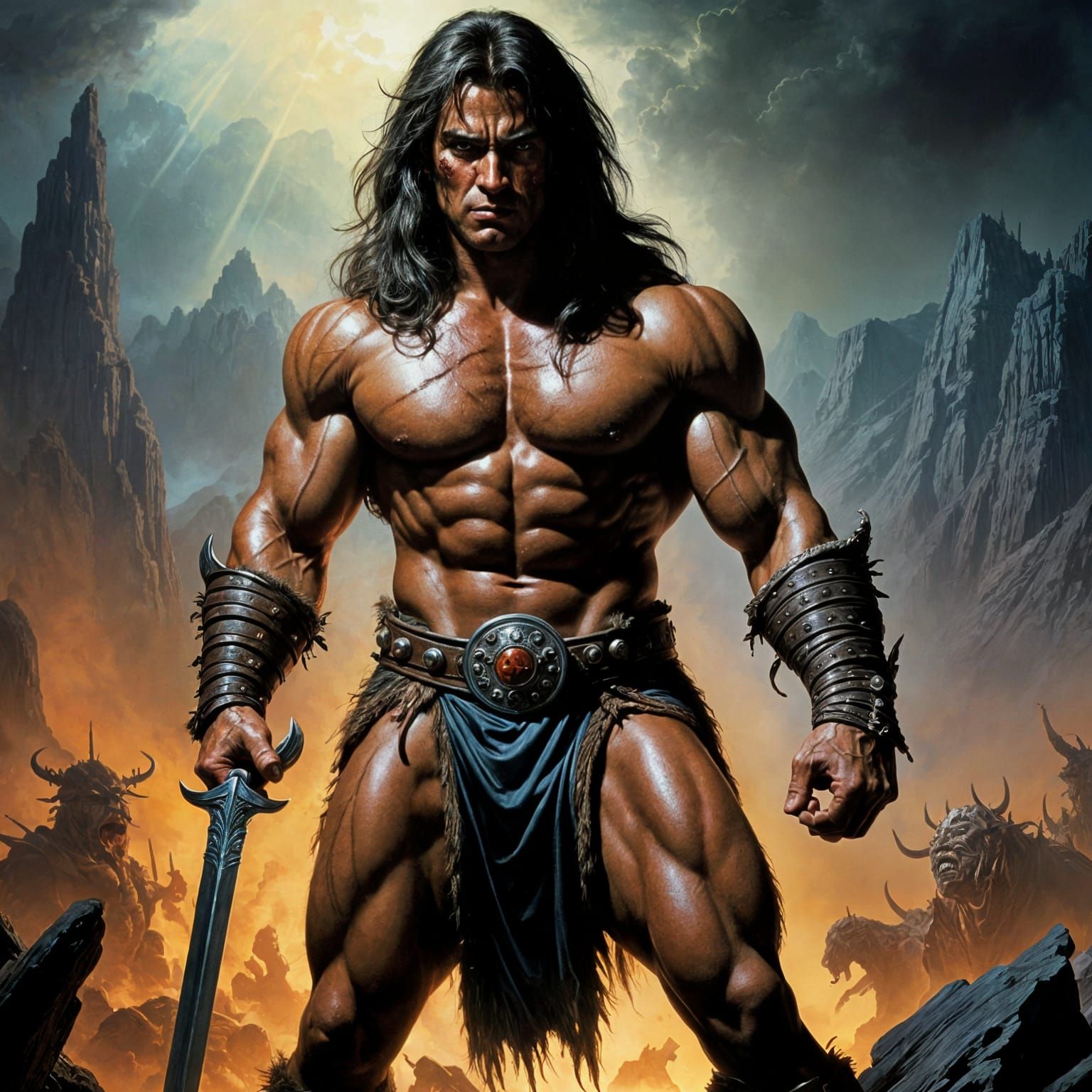 Epic Conan Battle Scene in Hyperrealistic Oil Painting Style