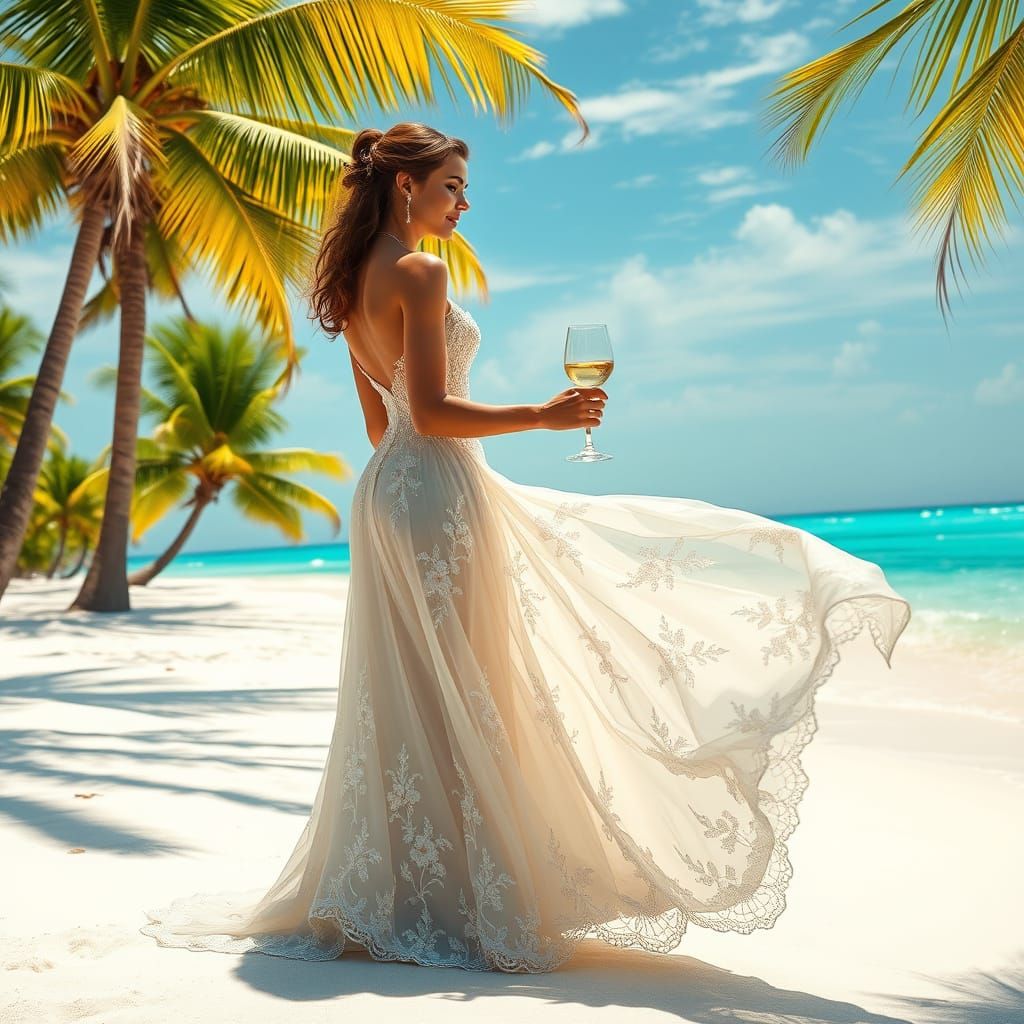 Elegant Woman in White Gown on Turquoise Beach with Wine