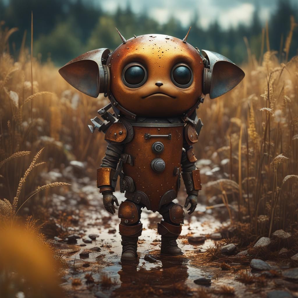 Rusty Chibi Creature in Detailed Metallic Landscape