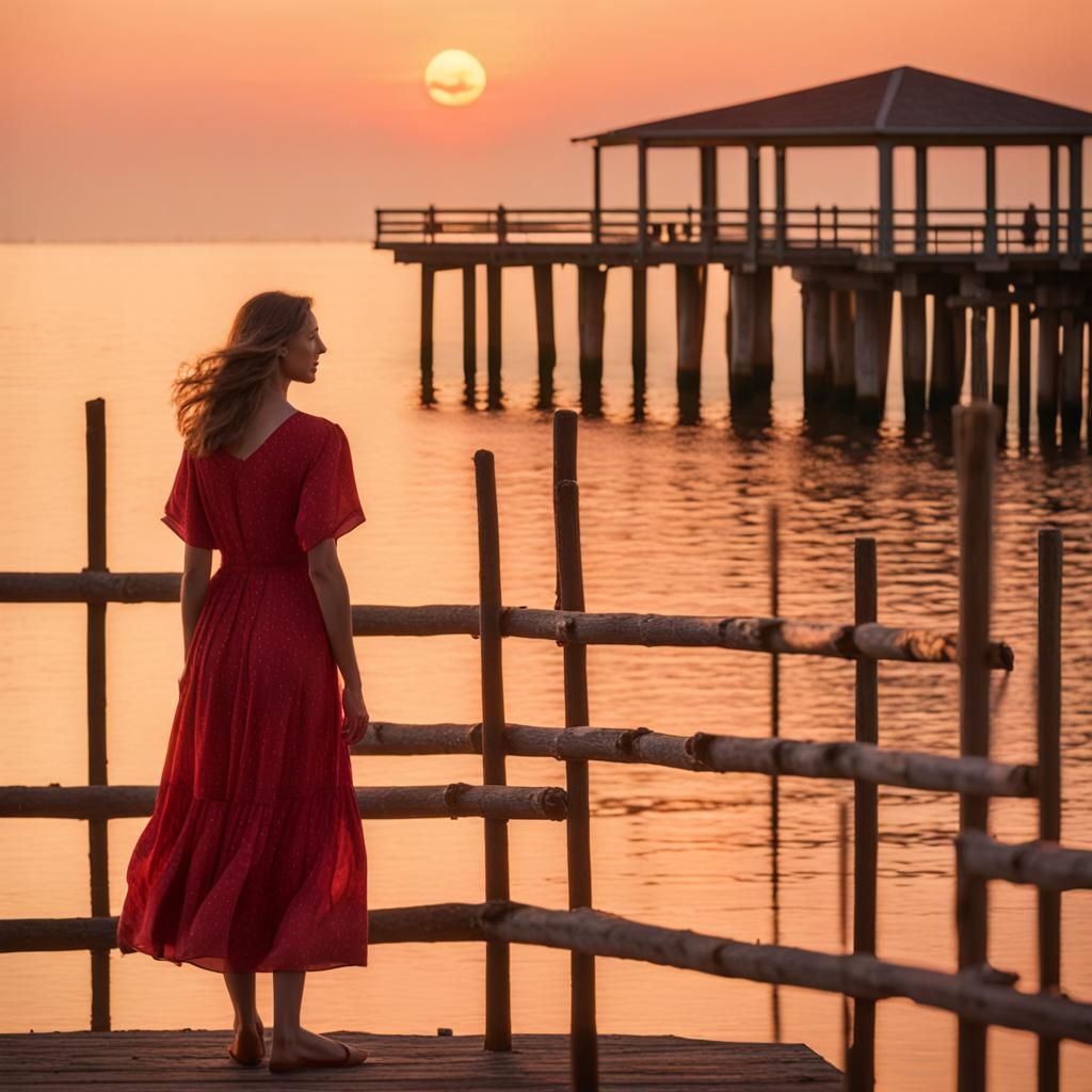Woman in Red Sundress at Sunset: Impressionistic Seascape