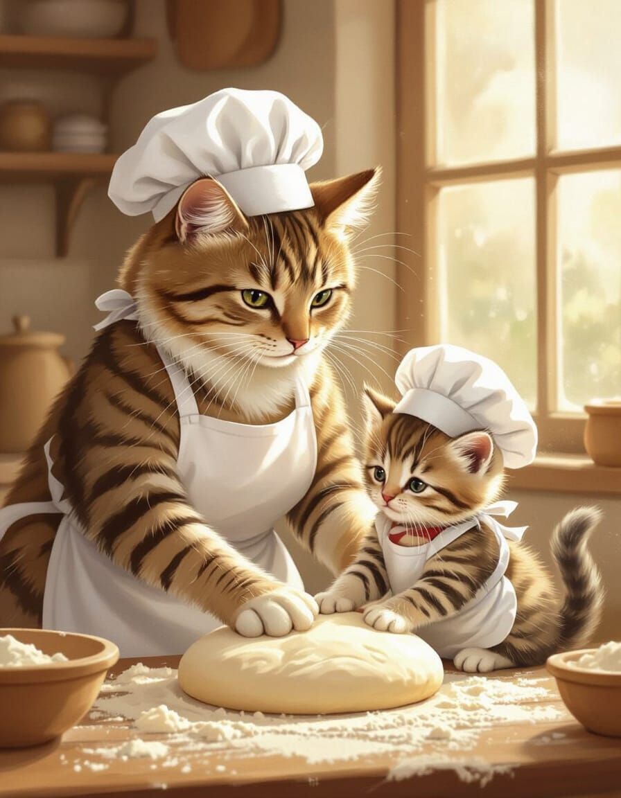 Mother Cat Baker Guides Kitten in Cozy Kitchen