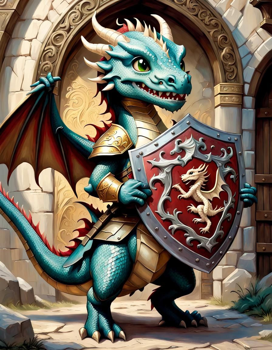 Fierce Dragon Soldier with Shield in Ornate Digital Painting