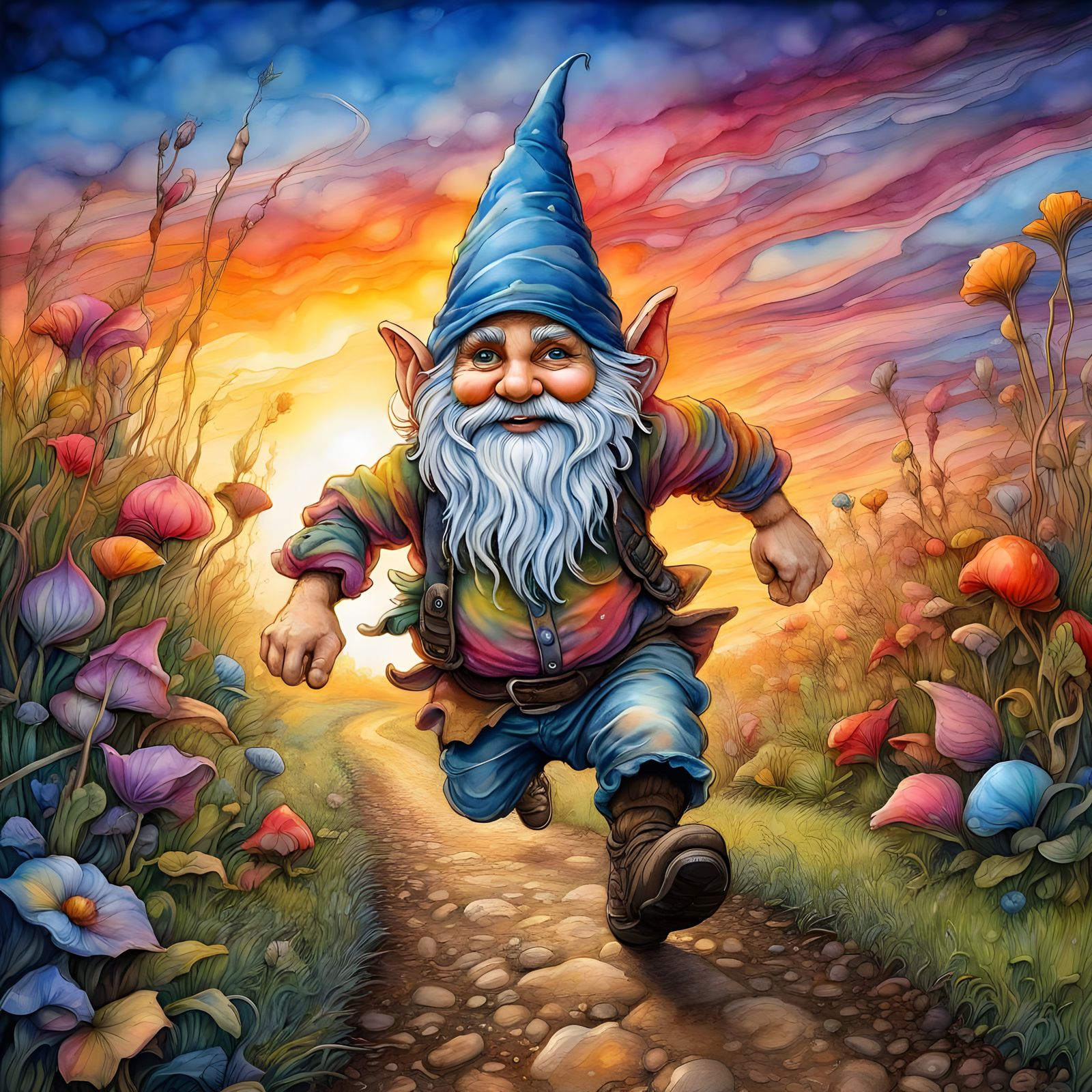 Gnome Running at Sunset: Watercolor Street Art
