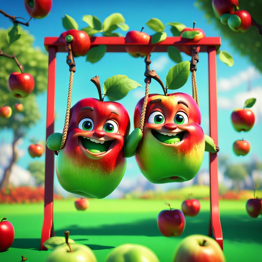 Smiling Apple Characters on a Swing, 3D Digital Art