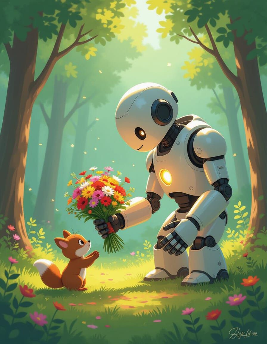 Gentle Giant Robot Offers Flowers in Sun-Dappled Forest