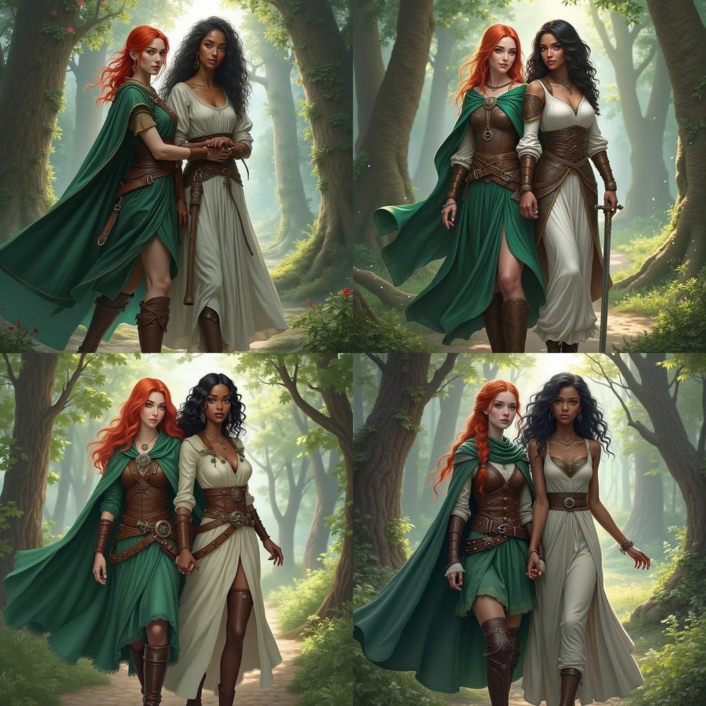 Romantic Ranger Duo in Vibrant Fantasy Landscapes