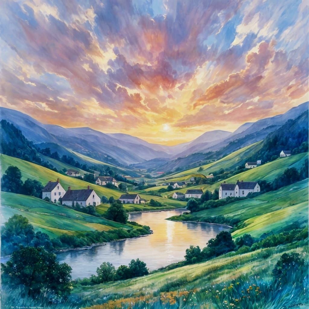 Serene Irish Village at Twilight Watercolor
