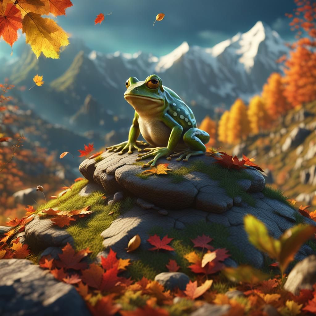 Cute Frog in Autumn Mountain Landscape