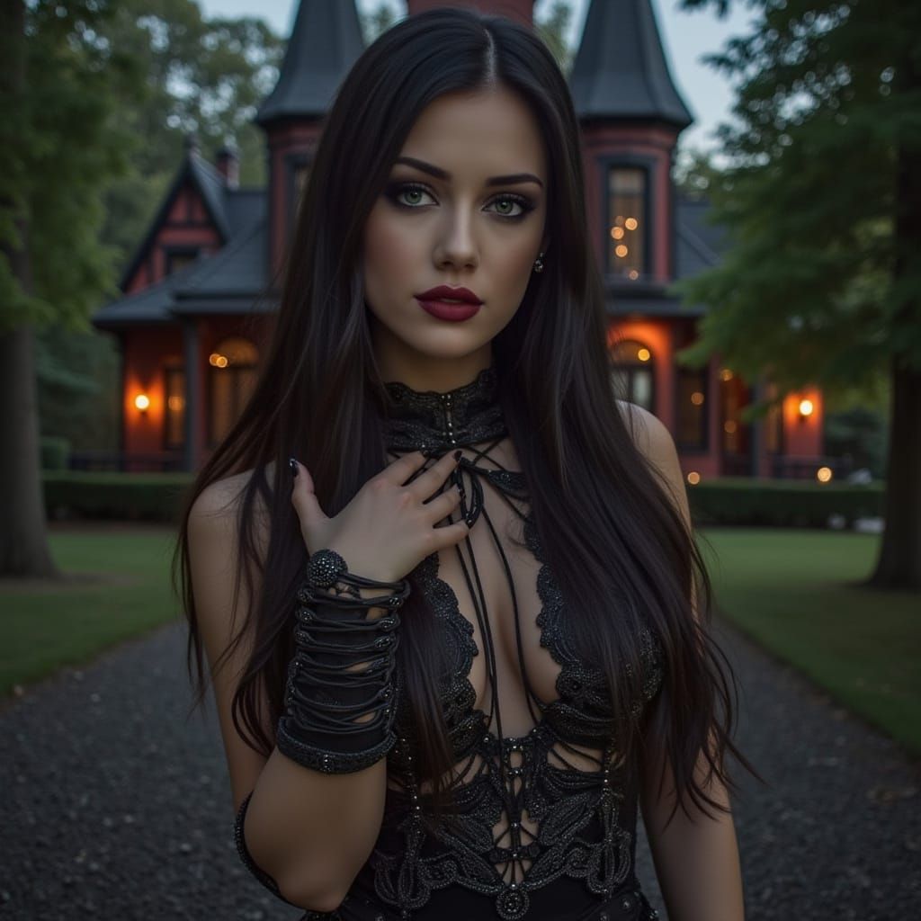 Elegant Young Woman Walking Towards an Ornate Manor at Night