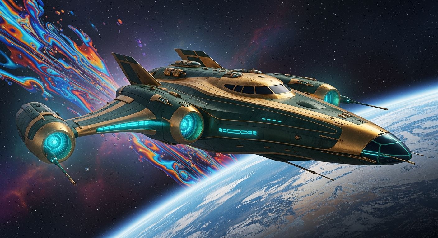 Retro-Futuristic Starship in Psychedelic Cosmic Scene