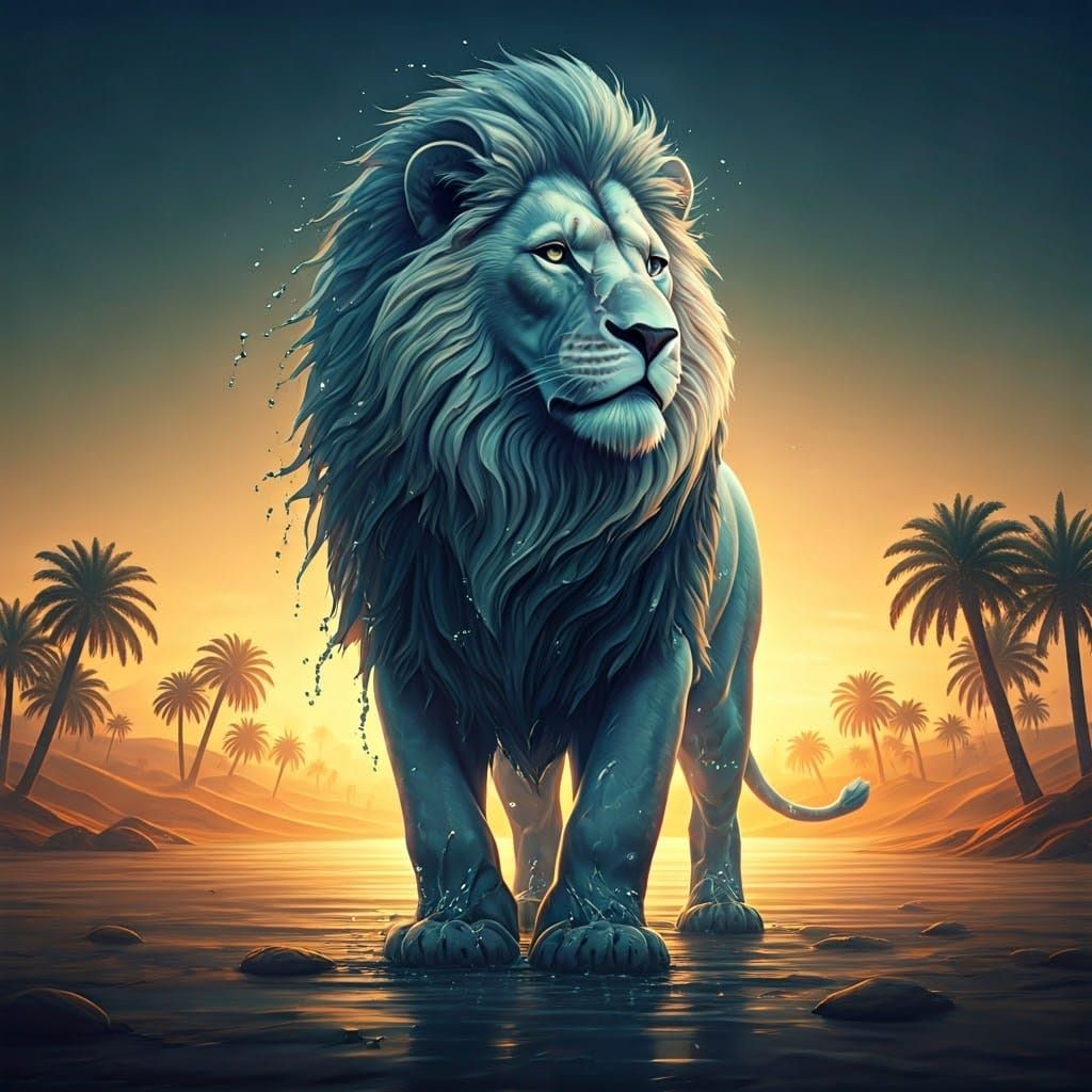 Majestic Water Lion Reigns in Serene Oasis Landscape