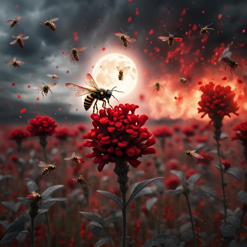 Wasps Hunting Flowers in Fiery Field