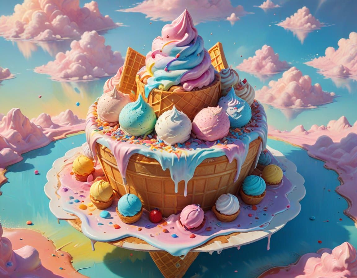 Fantasy Ice Cream Island in Waffle Cone, Aerial View