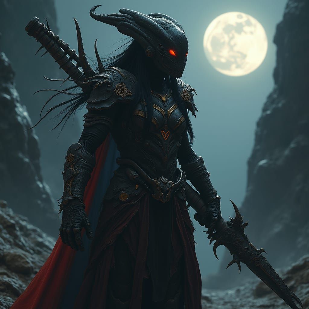 Female Yautja Hunter in Dark Galaxy Landscape