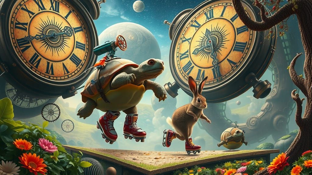 Tortoise and Hare Glide Through Floating Clock Forest