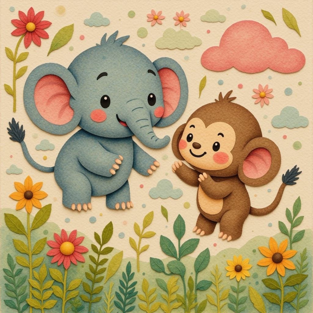 kawaii elephant and monkey, collage scene - double Lora’d