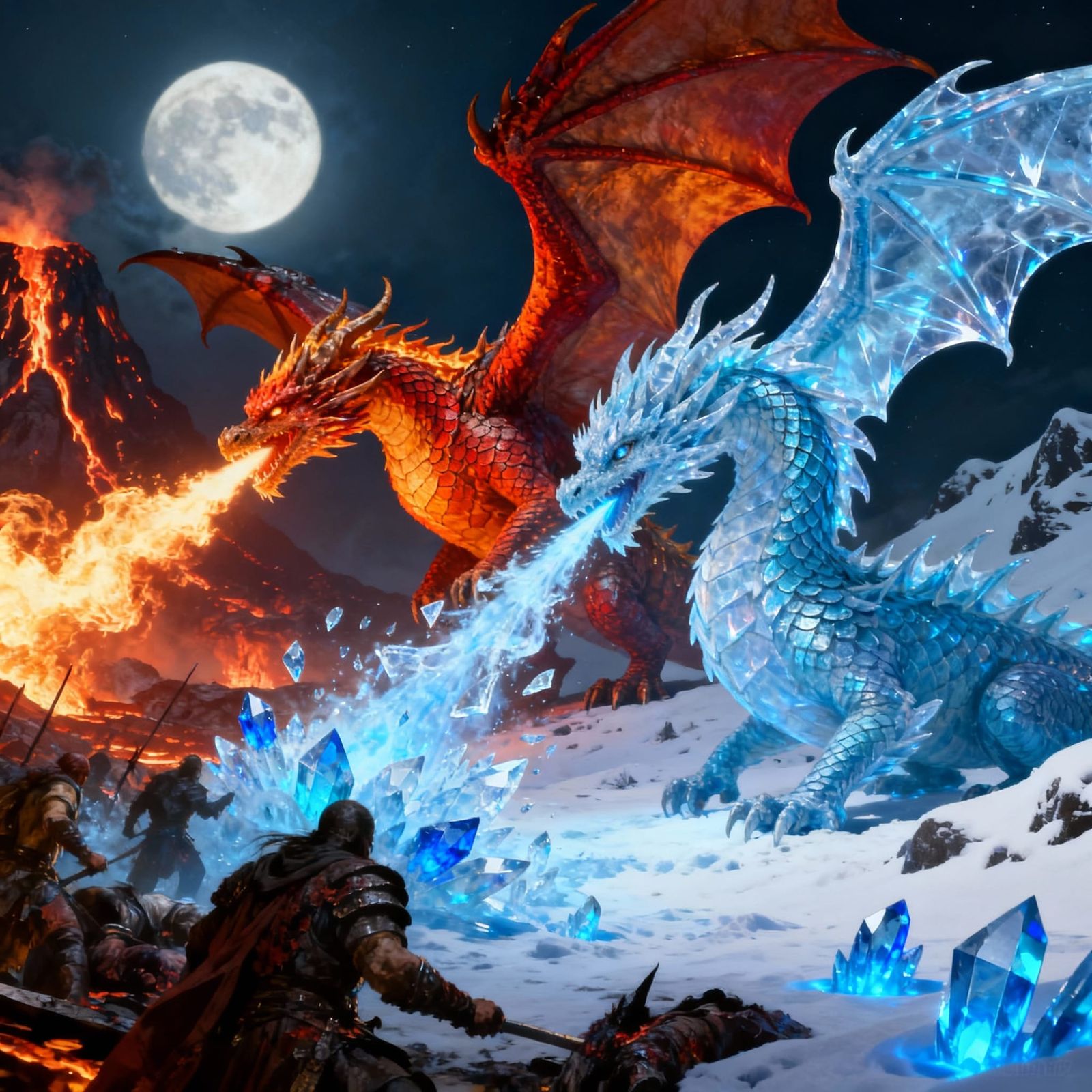 Epic Fire and Ice Dragons Battle in Realistic Style