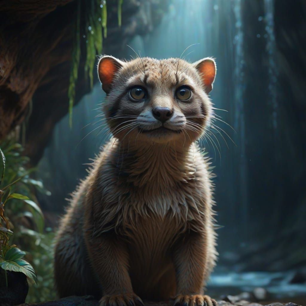 Biopunk Bobcat-Meerkat Hybrid in Waterfall Cave