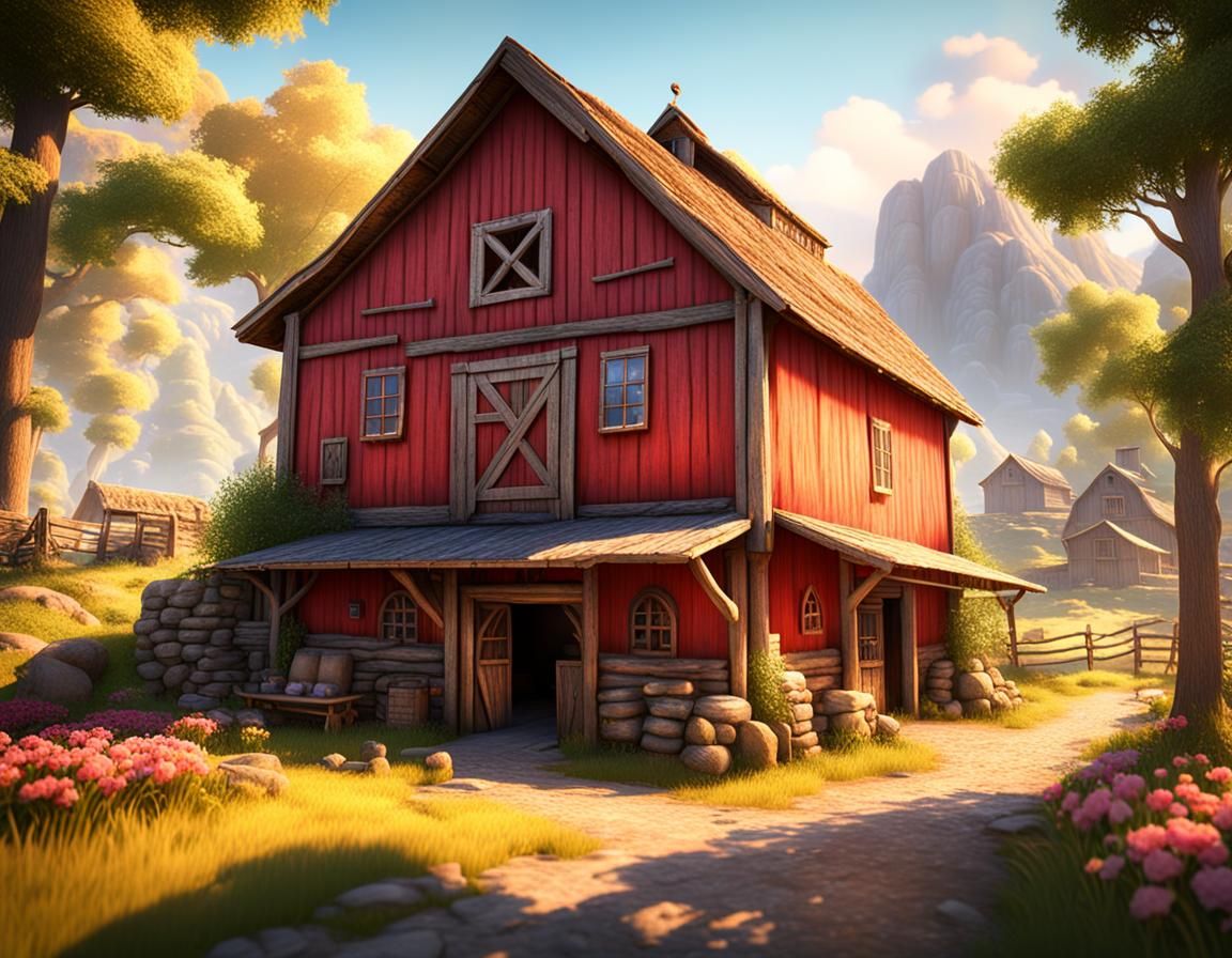 Colorful Rustic Farm Barn in Hyperrealism Style