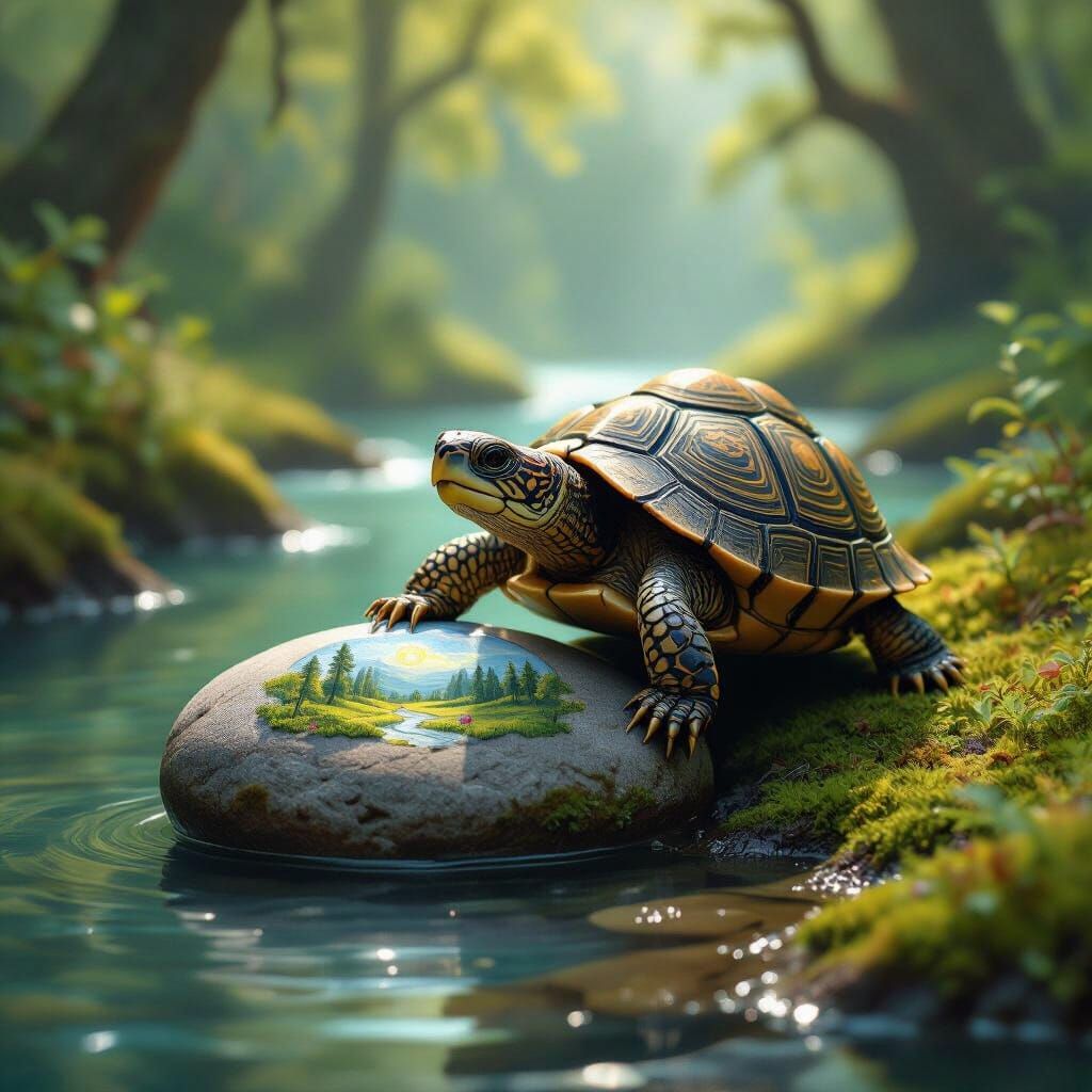 Wise Turtle Paints Miniature Landscape on River Stone