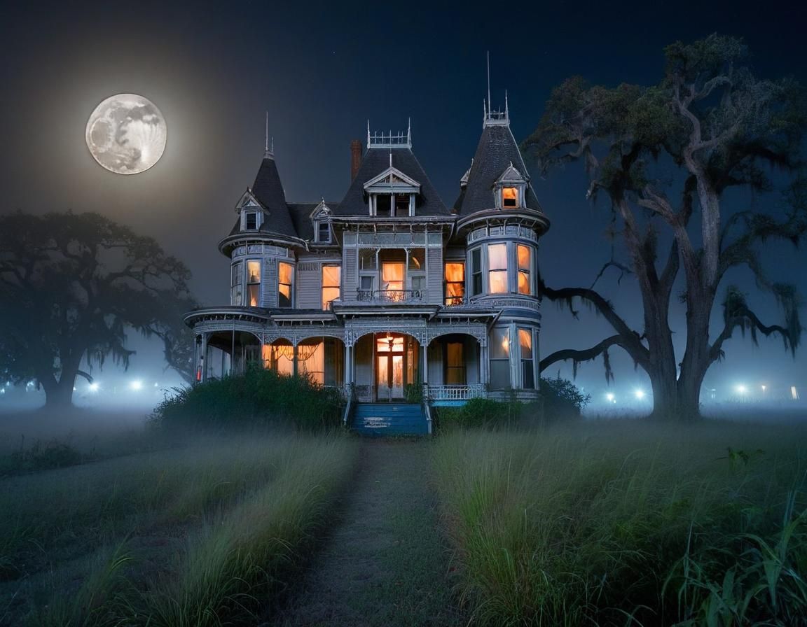 Derelict Victorian Painted Lady Under Moonlight