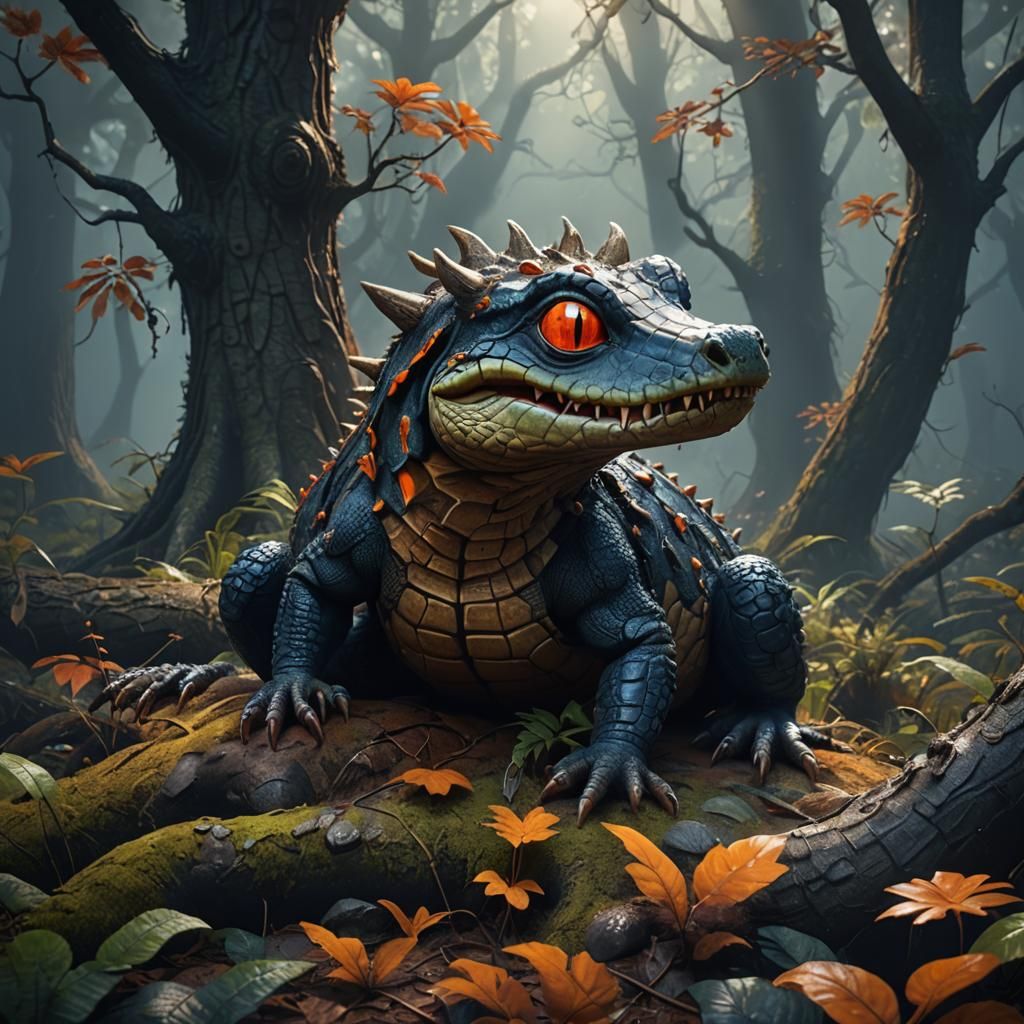 Smiley Crocodile Ladybug Squirrel Hybrid in Dark Forest