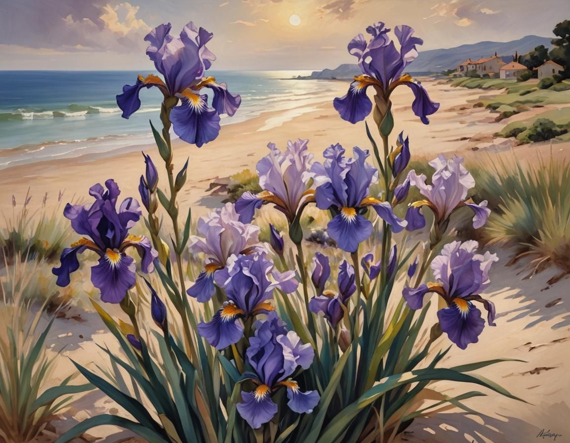 Iris Flowers on Sandy Shore in Impressionist Style
